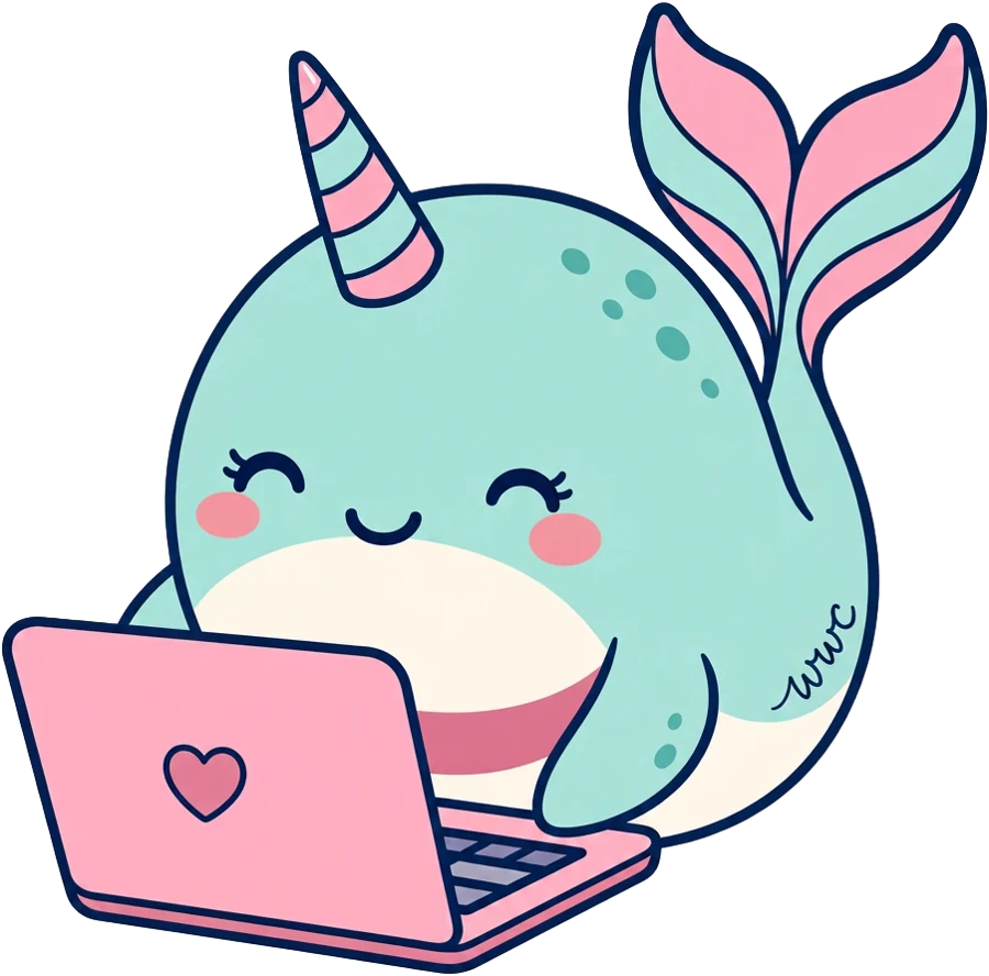 Women Who Compute narwhal mascot coding on a laptop